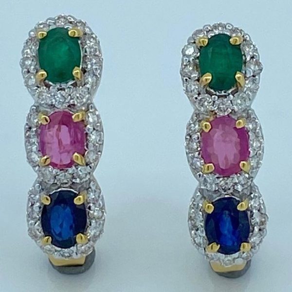 14KT Gold Diamond Earrings Adorned with Multicolor Stones